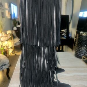 Zara Black Fringe Heeled Boots